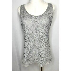 Ann Taylor Loft Gray Lace Sleeveless Top M Medium Metallic Accents Scalloped Hem